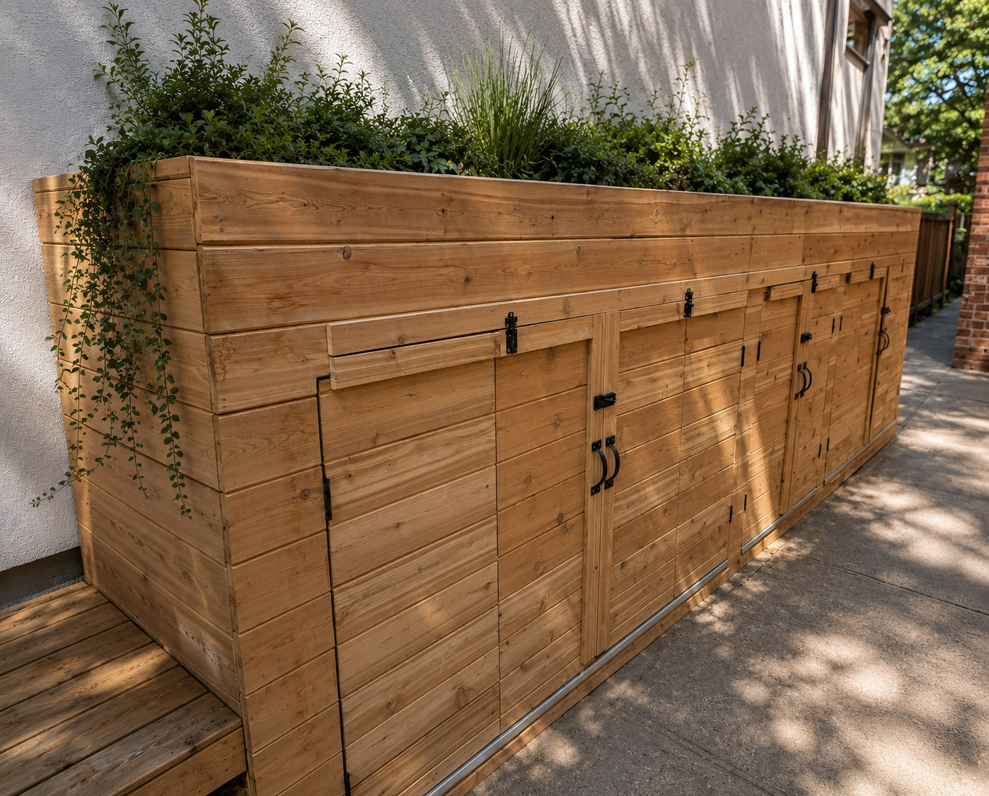 Custom cedar bike storage with integrated planting