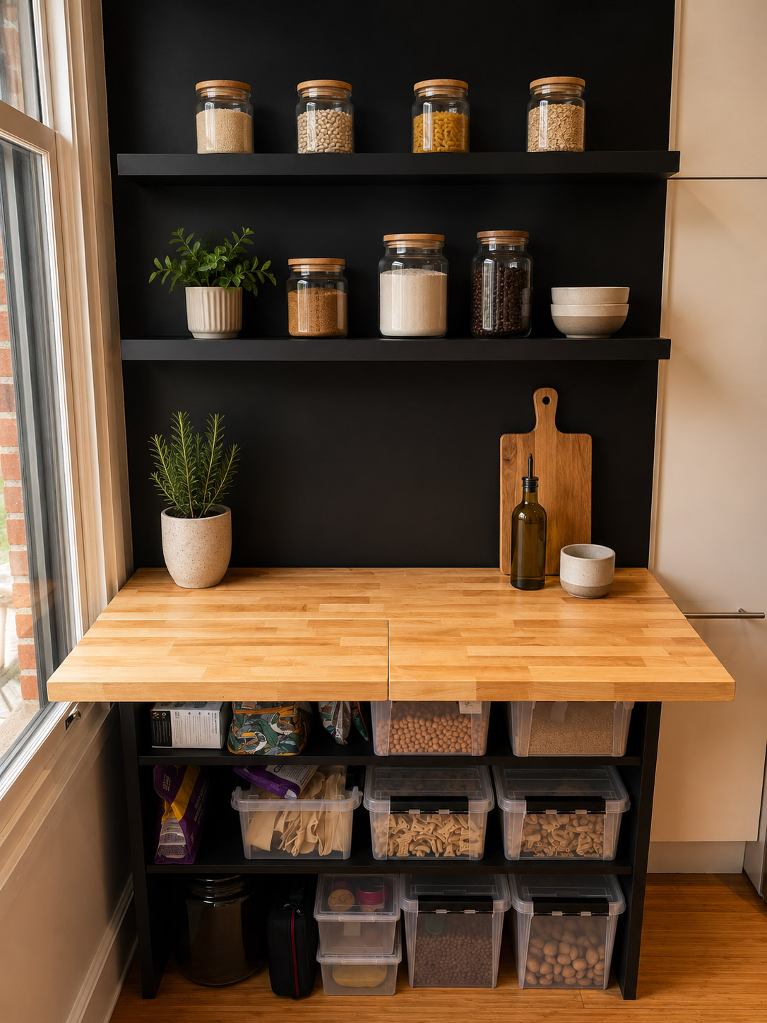 Full view of the custom butcher block countertop and pantry storage