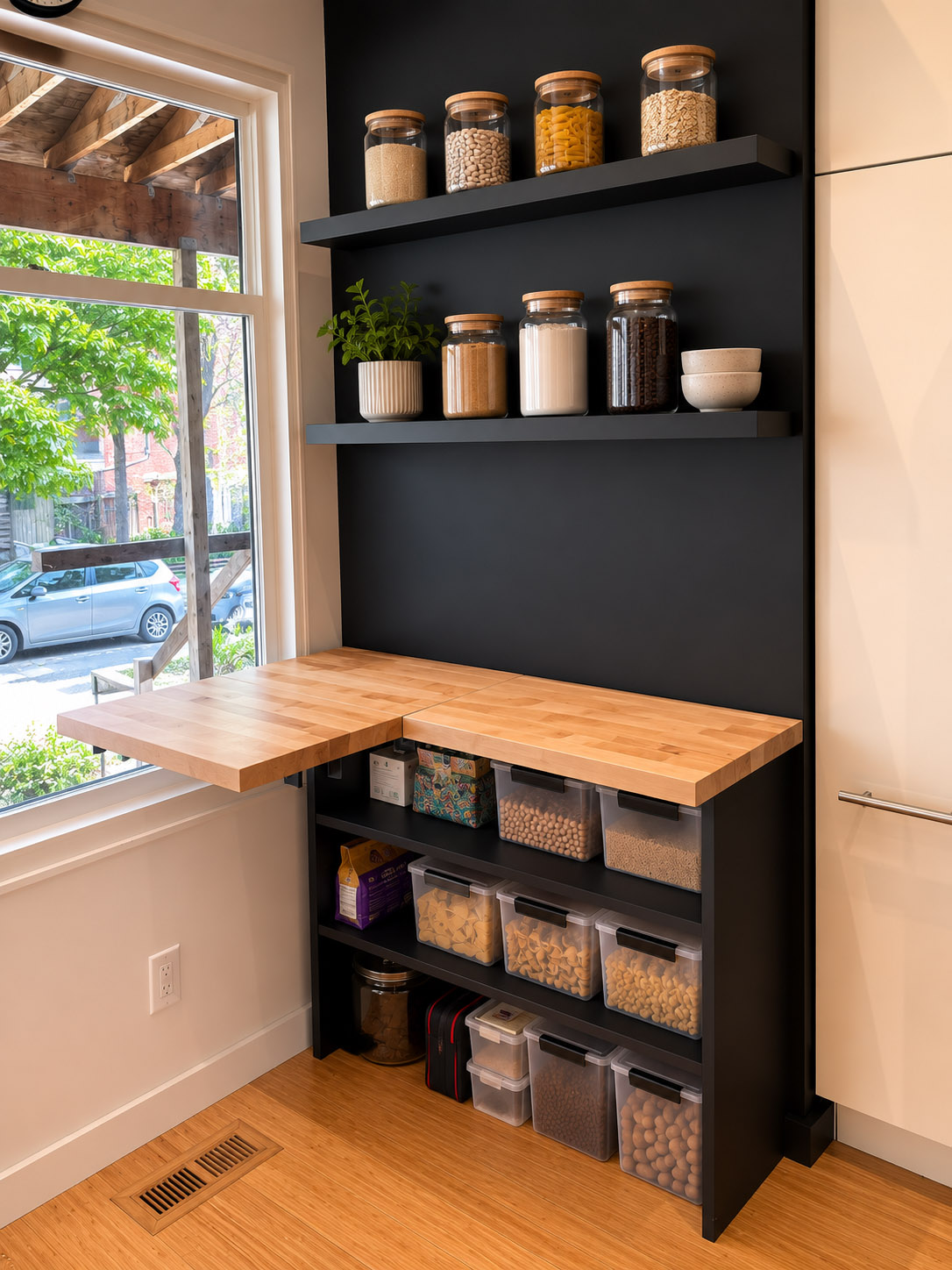 Styled view of the butcher block work surface and floating shelves