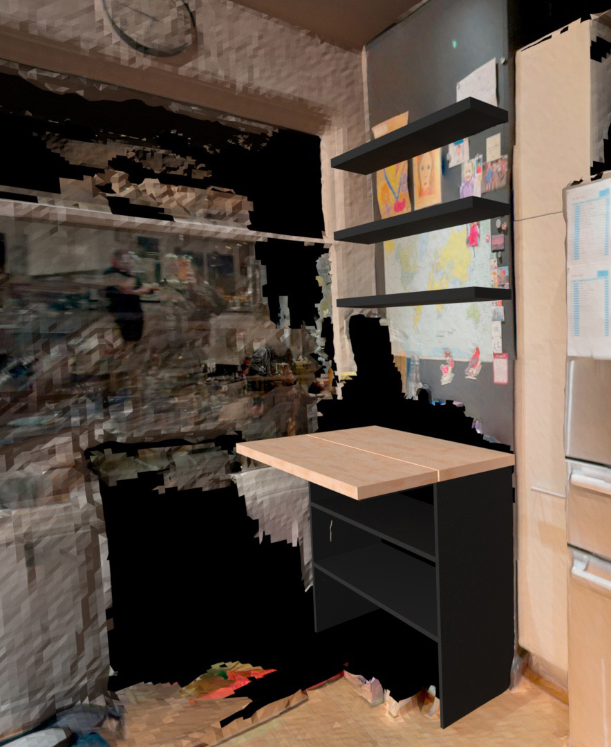 Styled view of the butcher block work surface and floating shelves