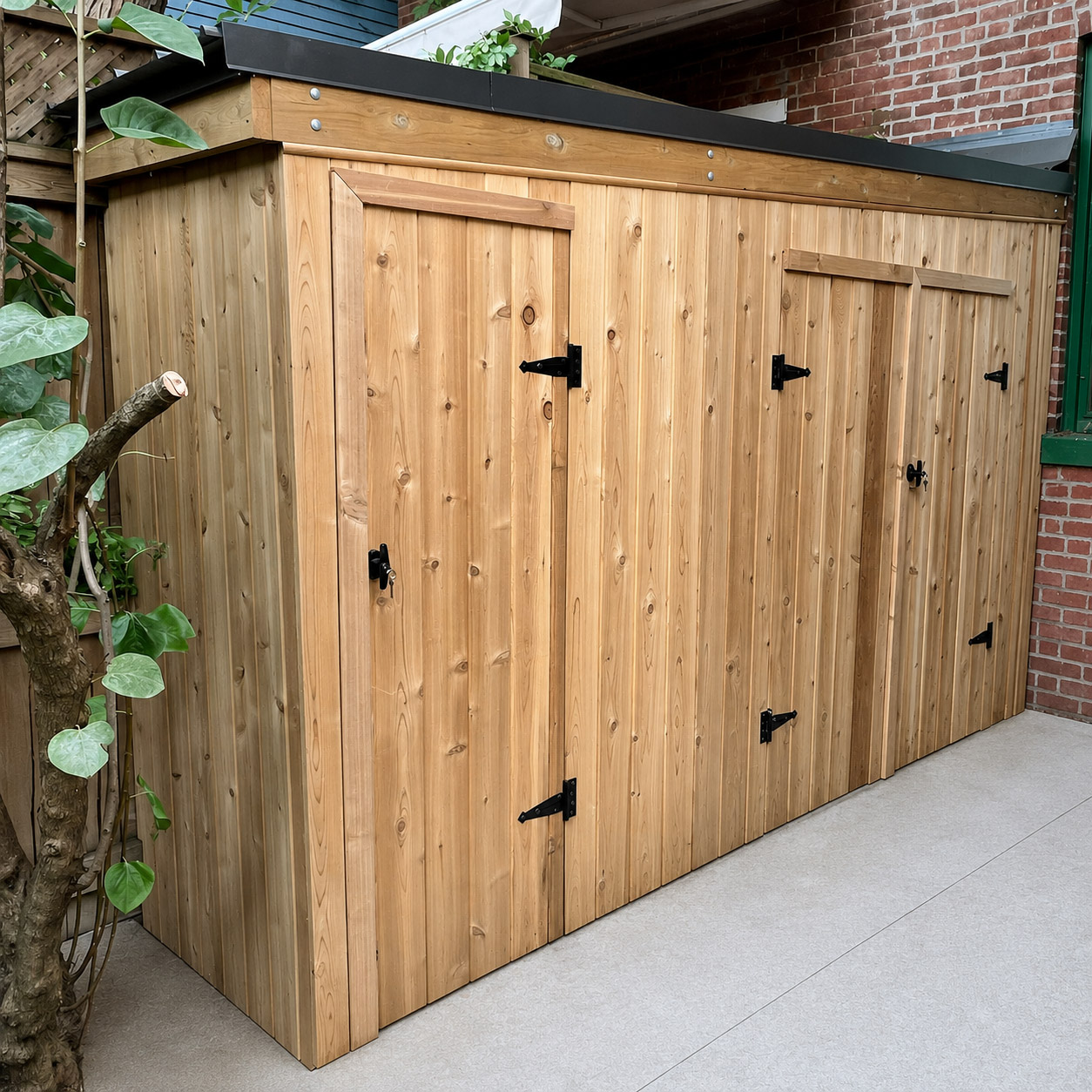 Custom cedar storage enclosure with three secure access doors