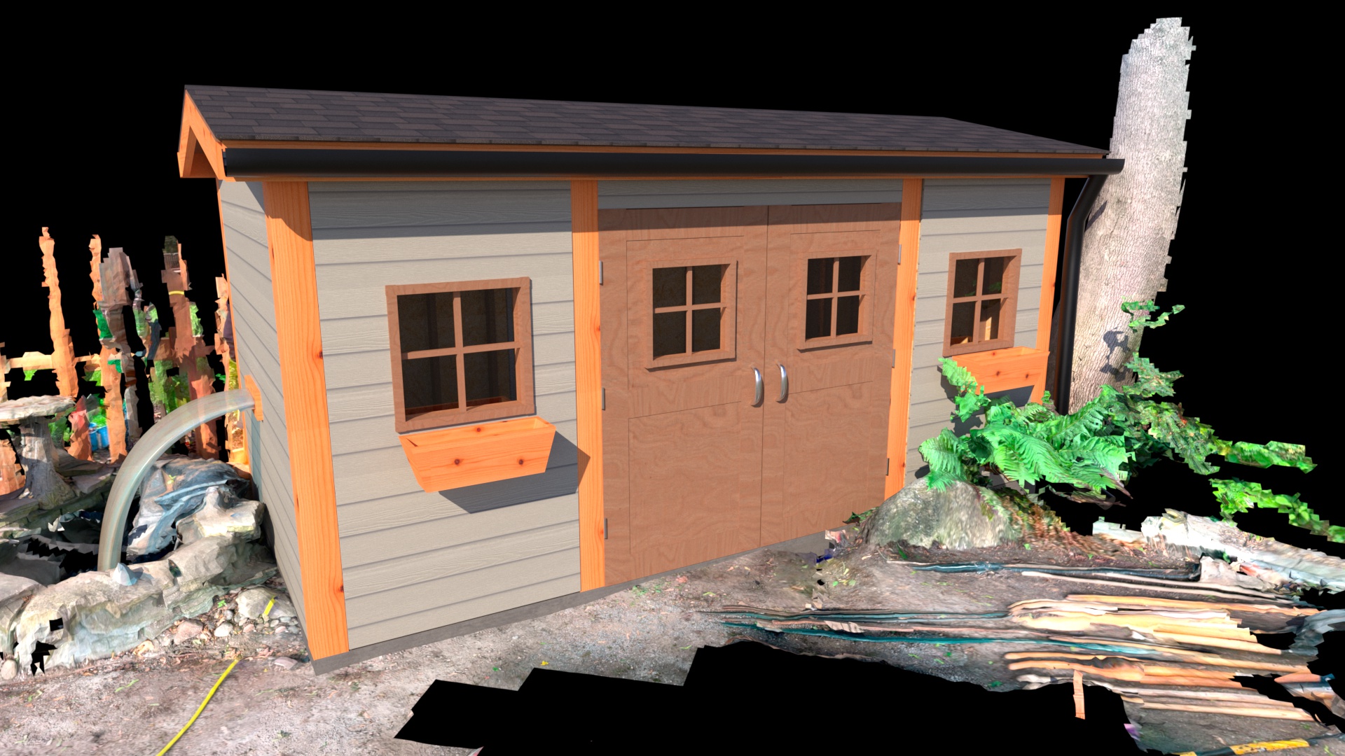 Finished garden workshop with siding, windows, custom doors and cedar trim