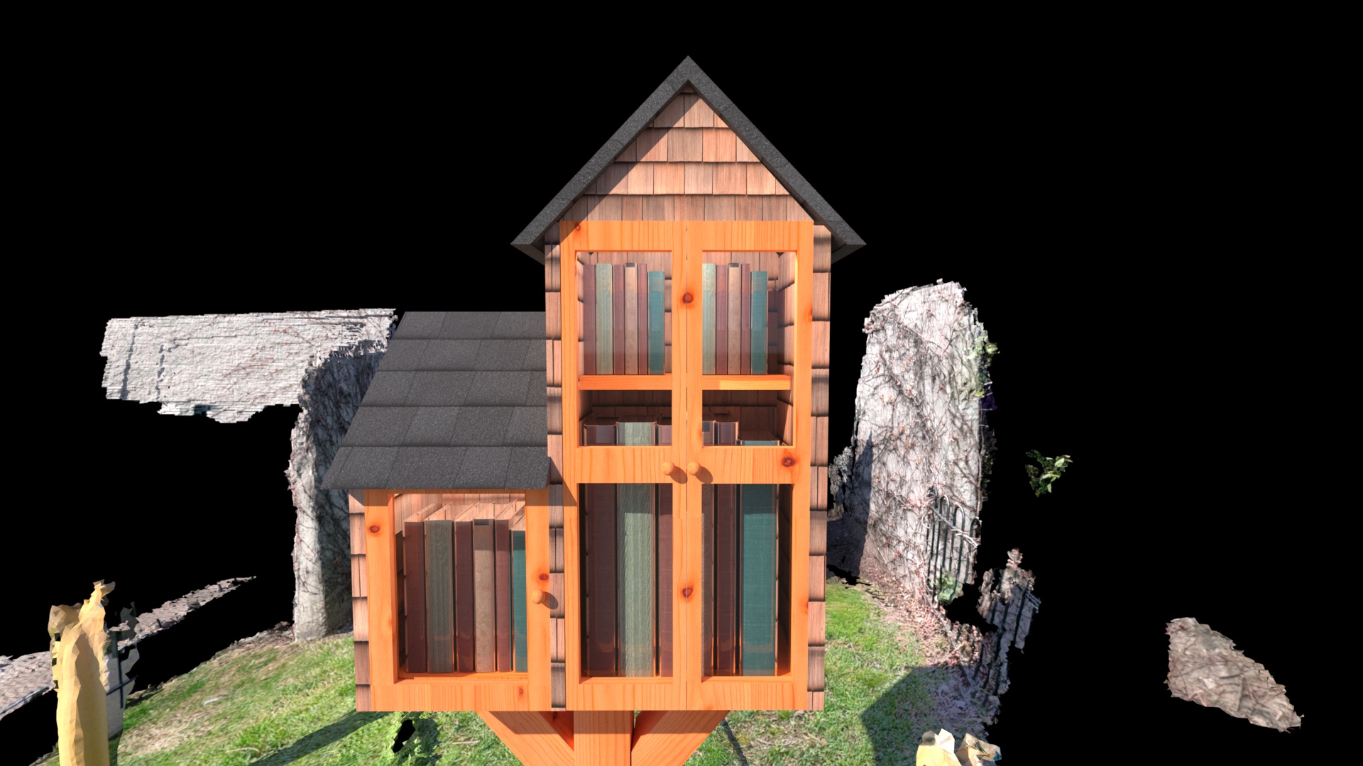 Angled view showing the cedar shake siding and two roof forms