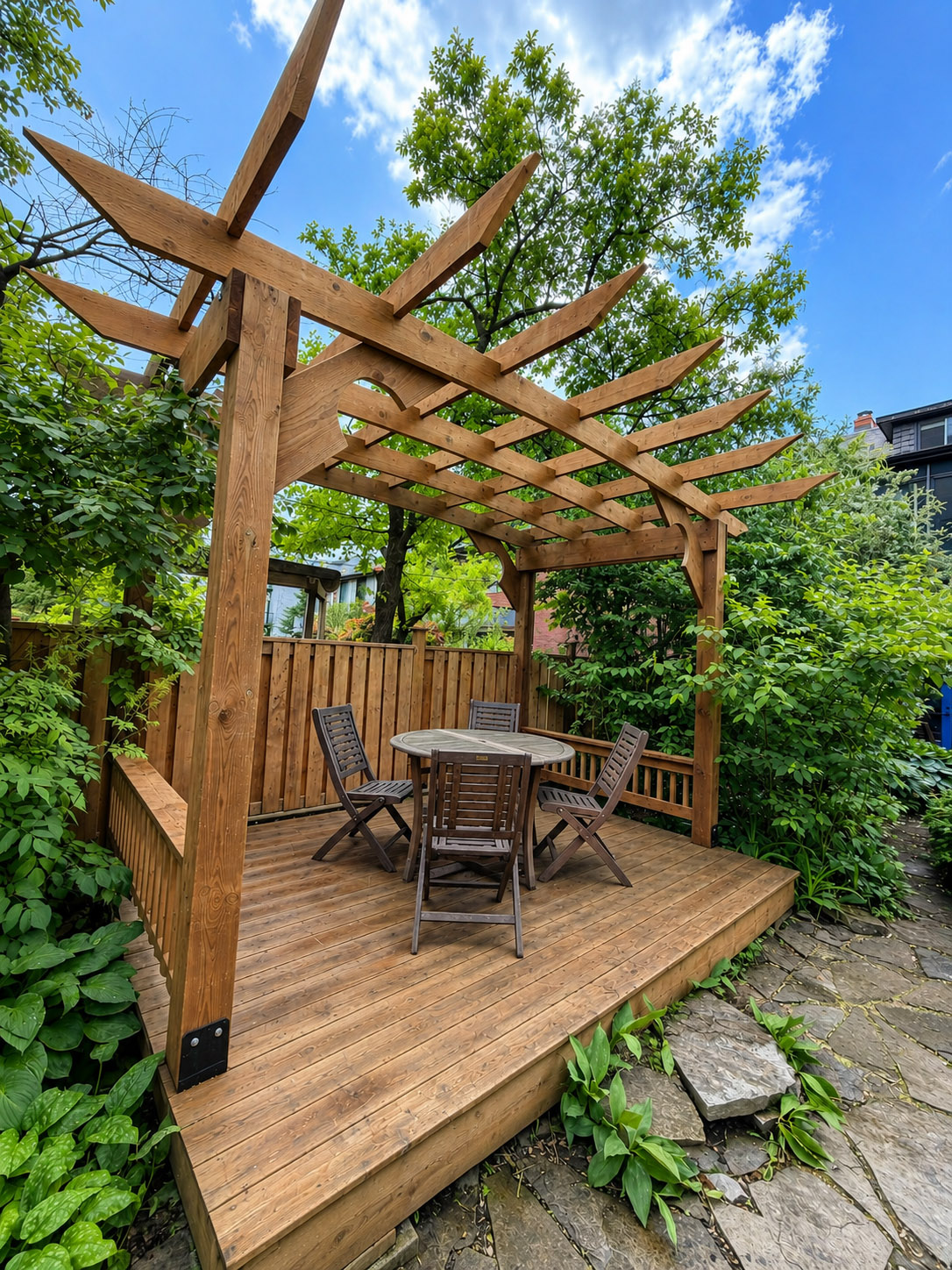 Curved timber pergola and deck